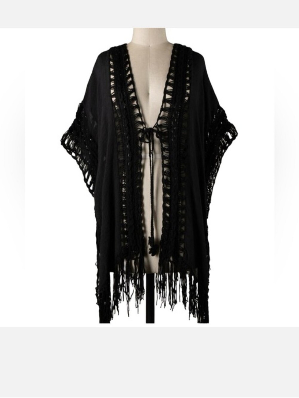 Women’s Bohemian Black Dolman Sleeve Crochet Kimono Cardigan NWT